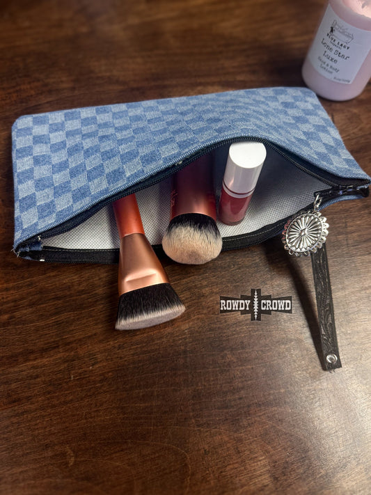 Checkered Denim Cosmetic Bag